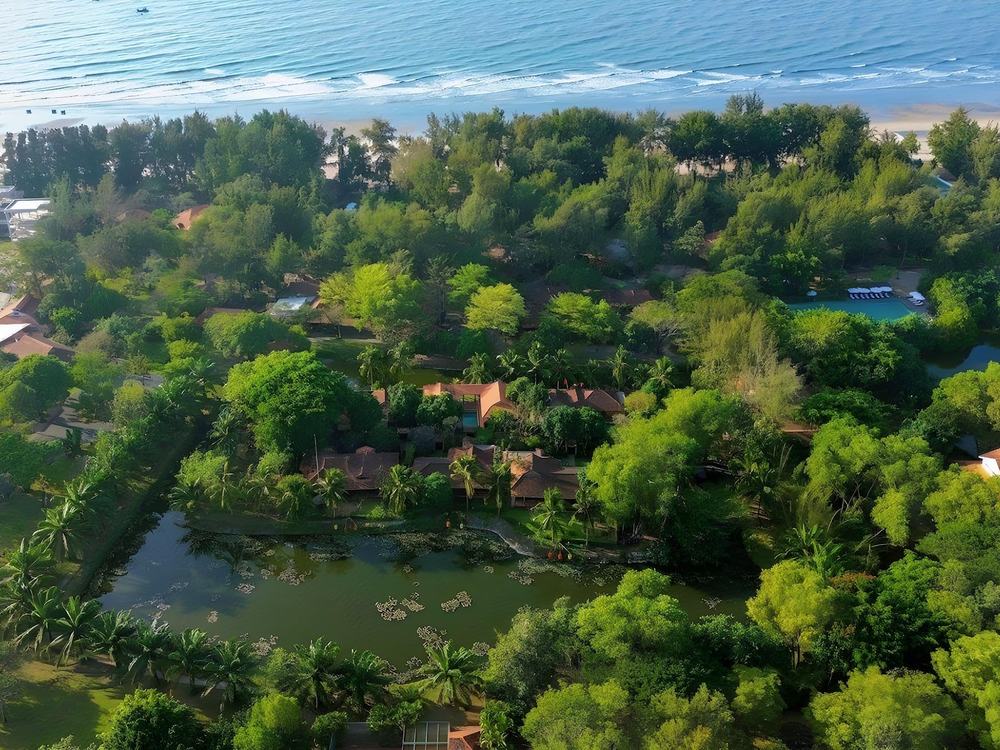 Aerial view of low red-tiled roofs among dense trees, a lily pond in the foreground and a long sandy beach and sea behind