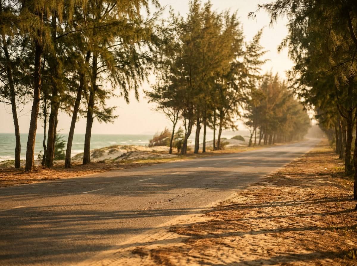 Two-lane coastal road running between tall casuarina trees with glimpses of sand dunes and sea