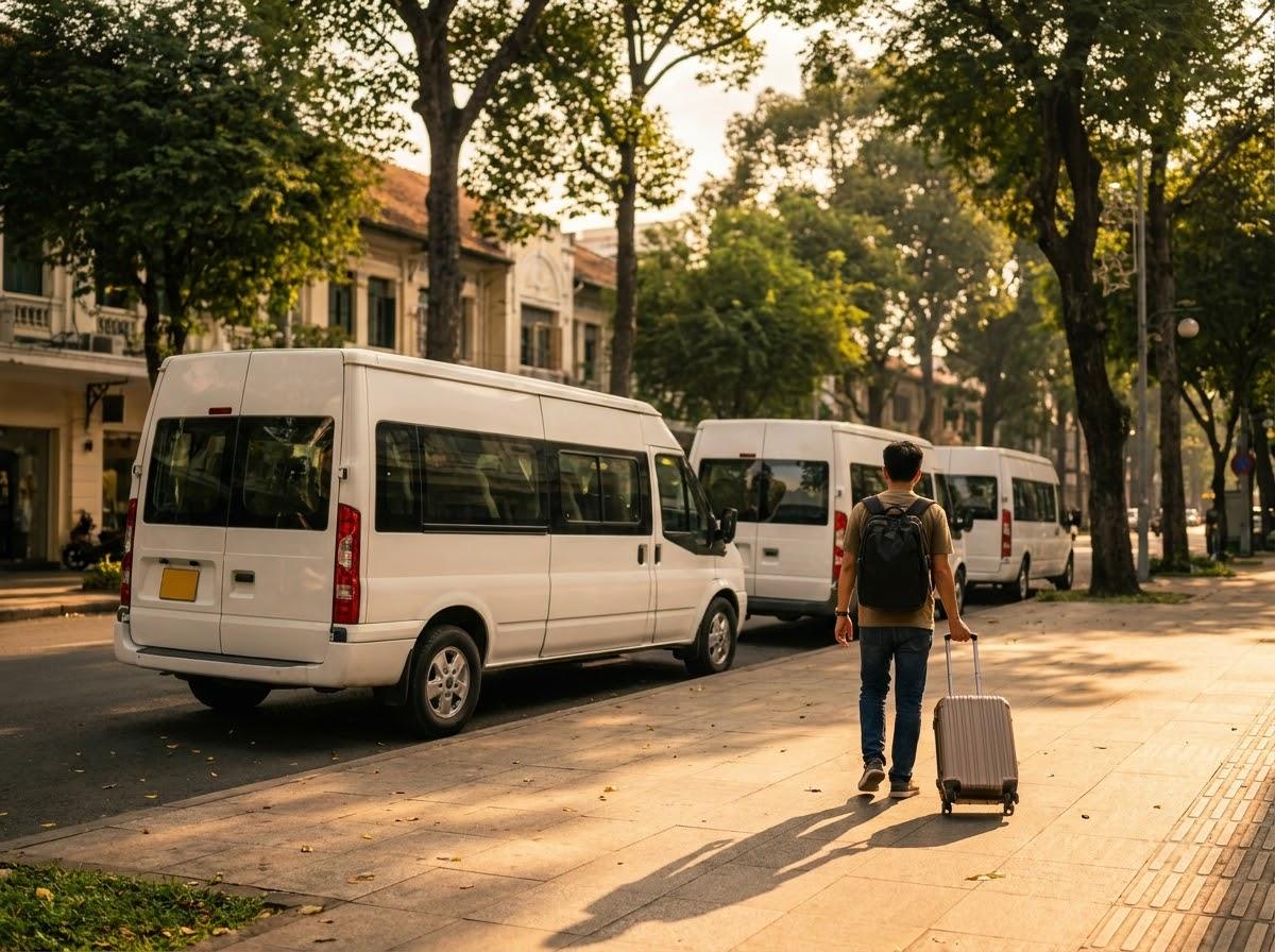 Row of plain white passenger vans parked on a quiet street in the early morning, no signs or markings