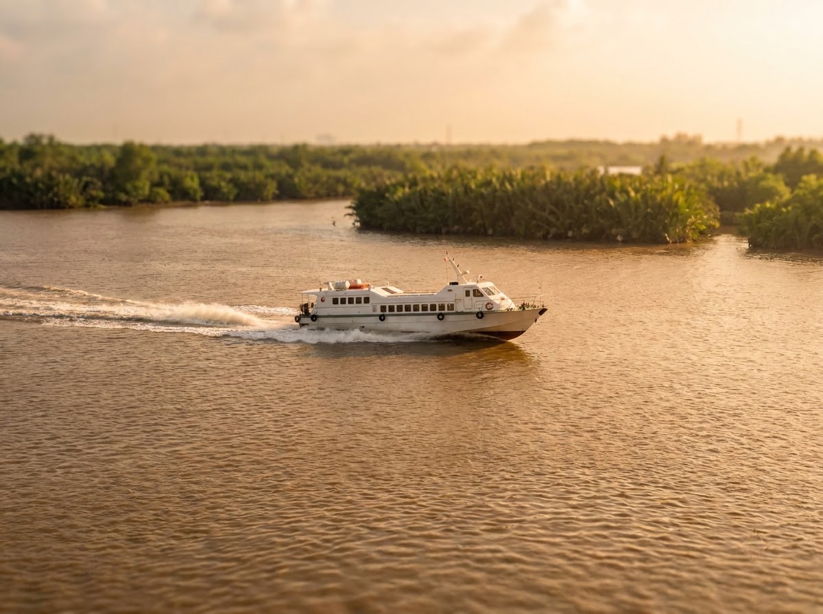 Hydrofoil ferry crossing a wide brown river past green banks under a hazy sky