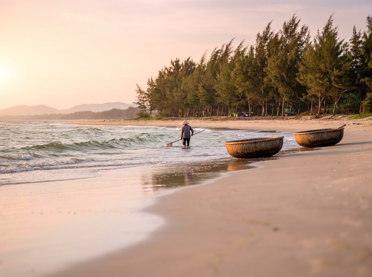 Long pale sand beach at sunrise with round bamboo basket boats at the water&rsquo;s edge and casuarina trees behind